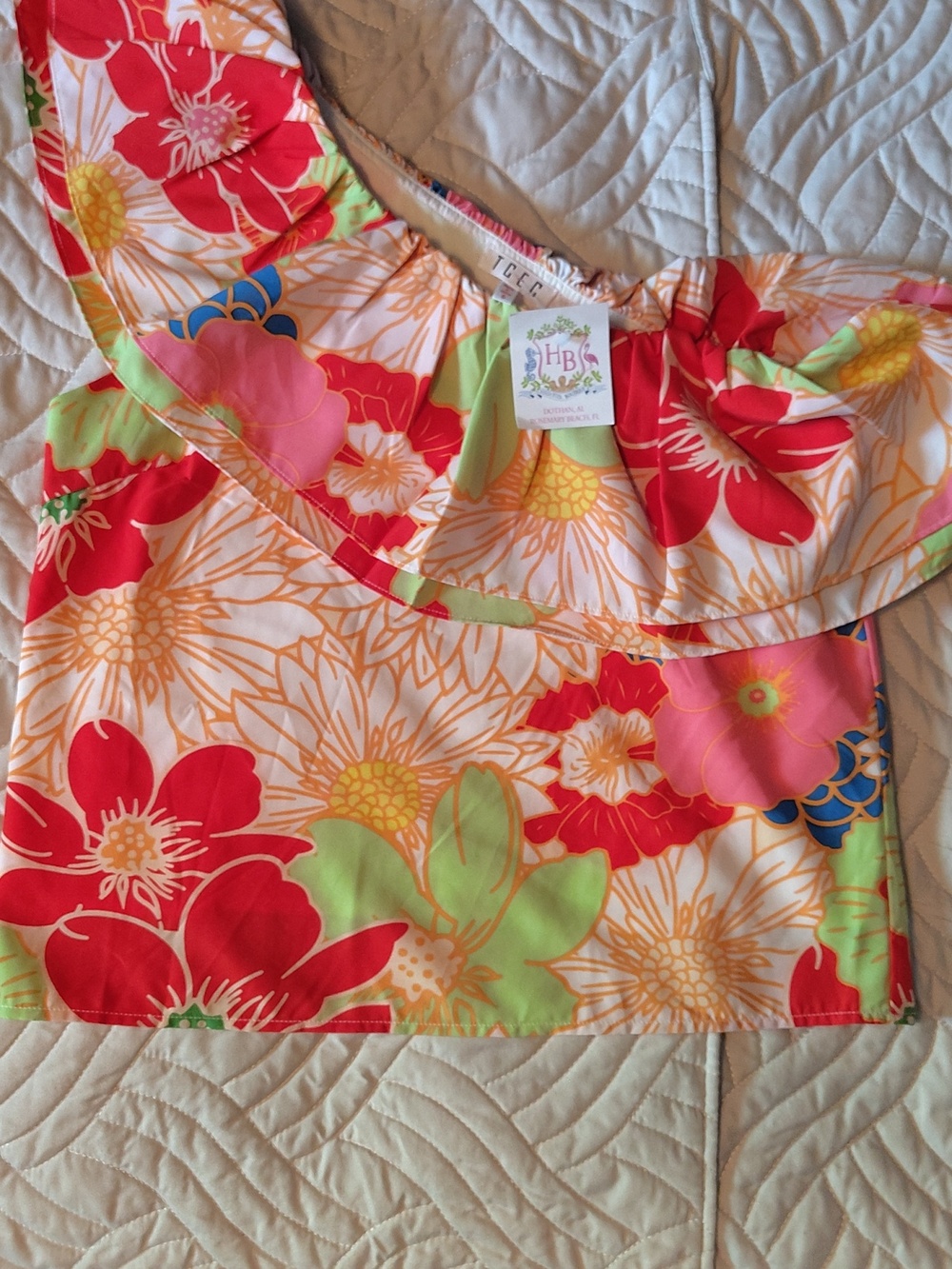 TCEC Off-Shoulder Tropical Chic Floral Crop Top in Red, Pink, Green, Yellow